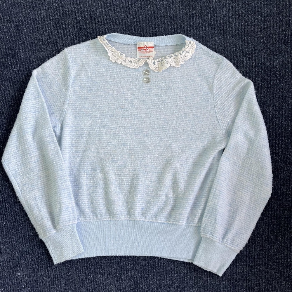 Vintage Pretty Plus Sweater Girls 14-16 Blue Lace Collar Henley Knit Sears 60s